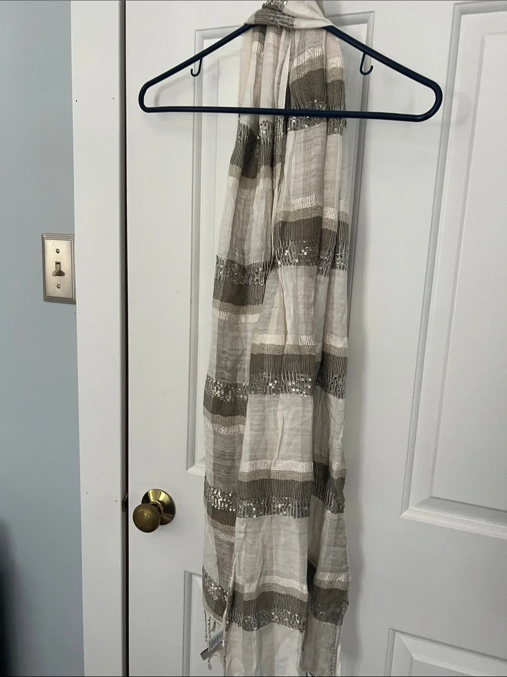 Loft Striped Lightweight Fringed Scarf in Cream and Taupe